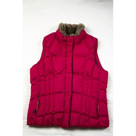 Eddie Bauer Womens Quilted Burgundy Red Goose Down Faux Fur Collar Vest M - Picture 1 of 10